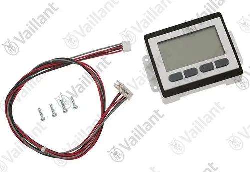 Vaillant LCD-Display mit Kabeln und Anschlussstecker, sowie Schrauben zur Montage. Das Display weist Tasten zur Bedienung auf.